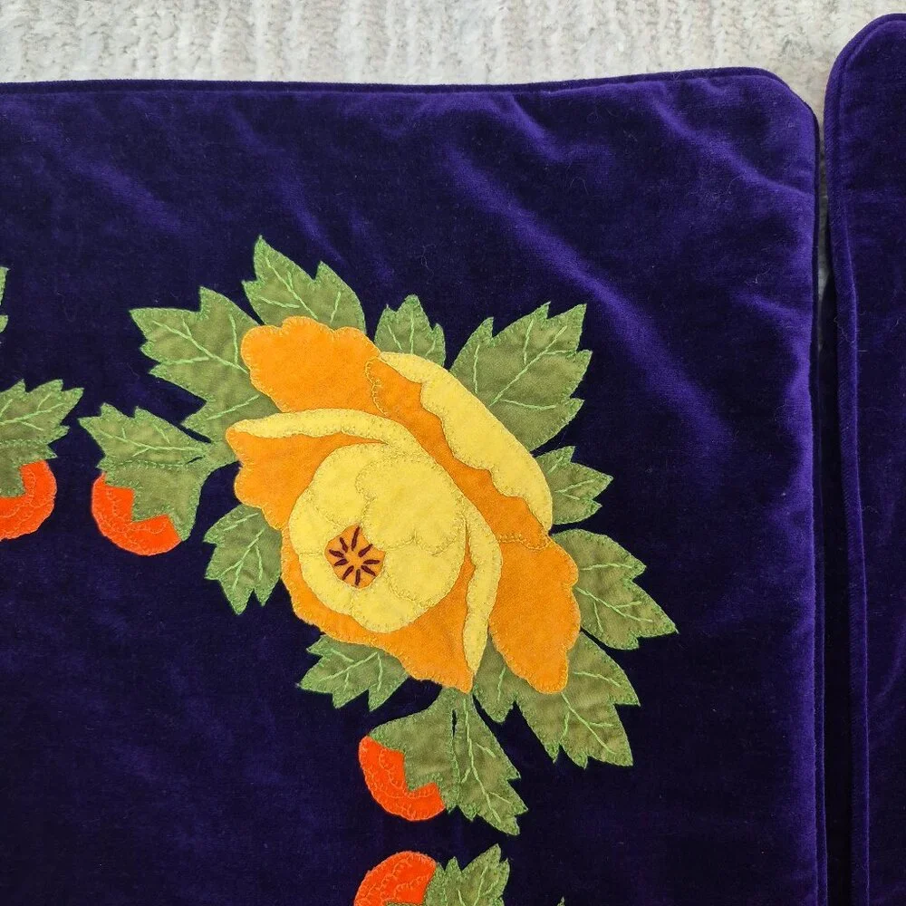 Vintage Applique Embroidered Throw Pillow Covers Deep Purple  Set of 2